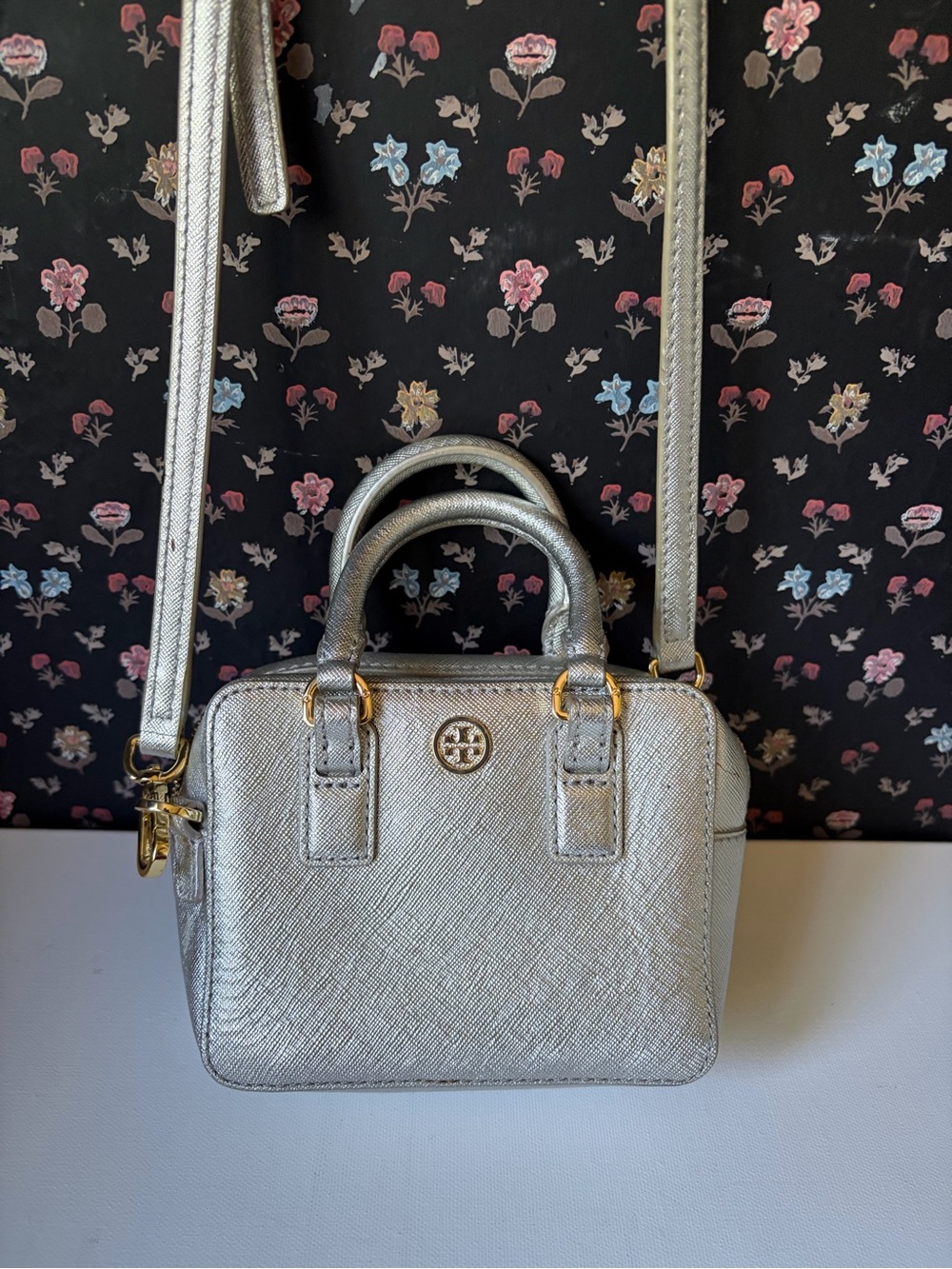 Tory Burch Metallic Silver Mini Satchel with Gold Hardware